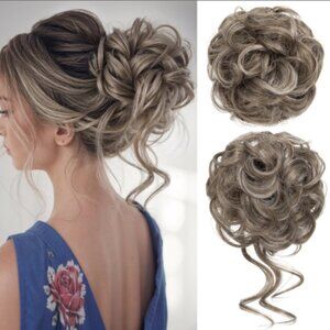 Messy Bun Hair Pieces - Curly Ponytail Hair Extension - Middle Grey/ Ash Blonde